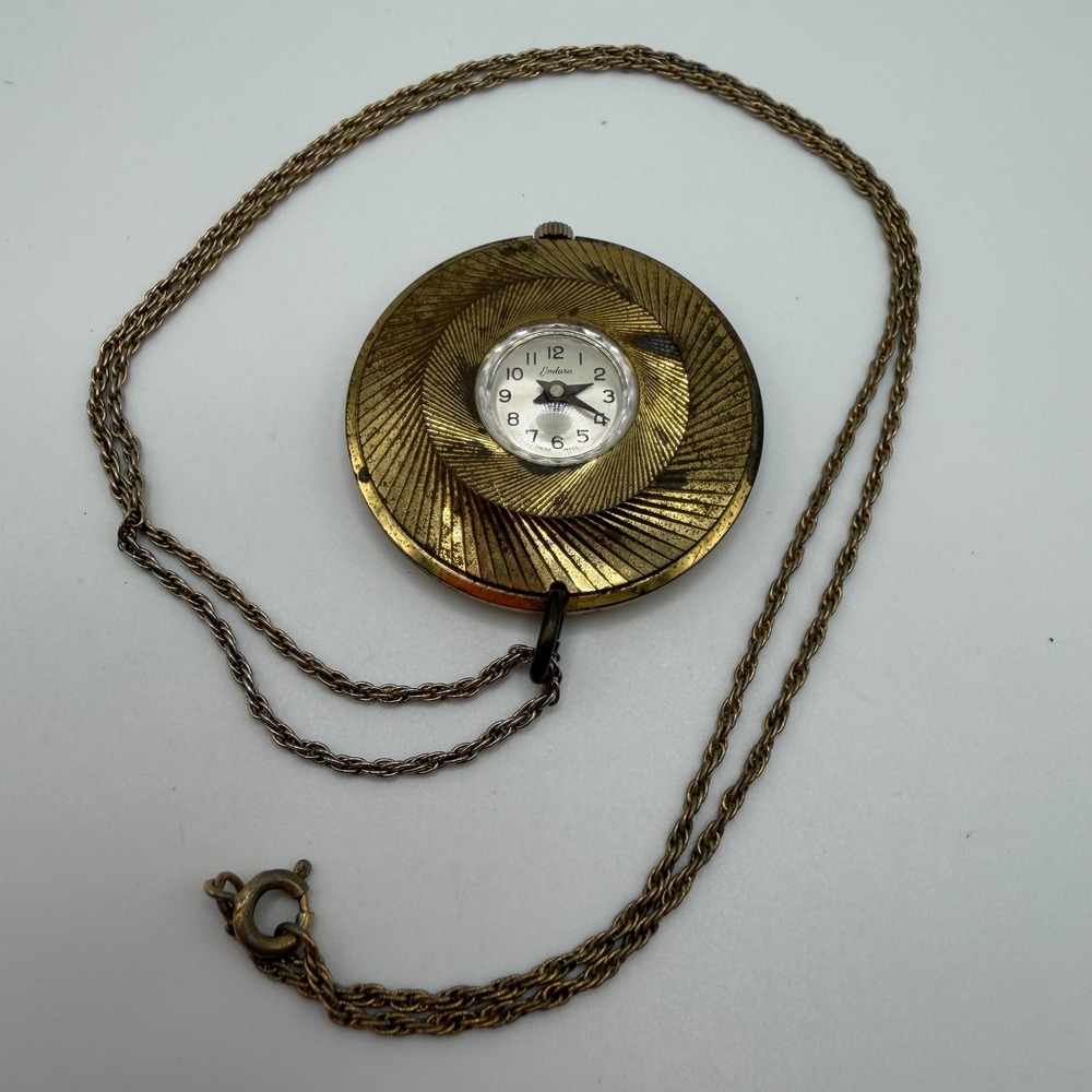 VTG Endura Pendant Watch Necklace Gold Tone Sunburst Roman Numeral‎ Manual READ